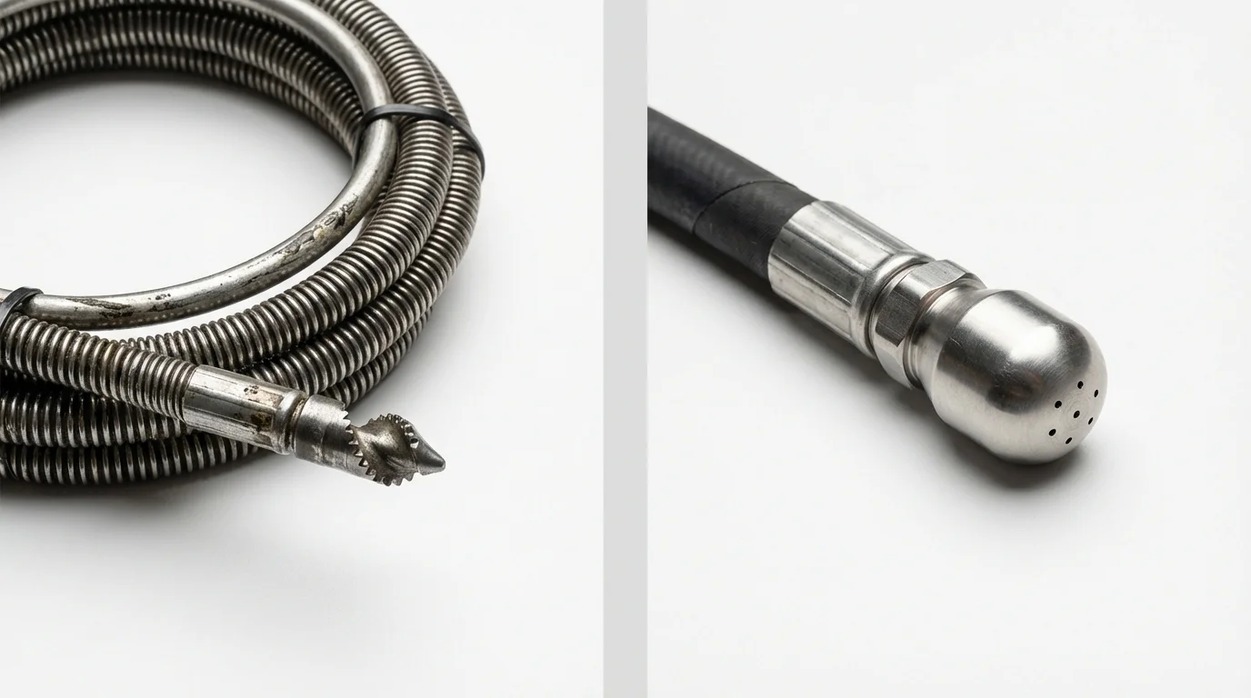 Drain snake cable and hydro jetting nozzle used for drain cleaning in Christopher, IL