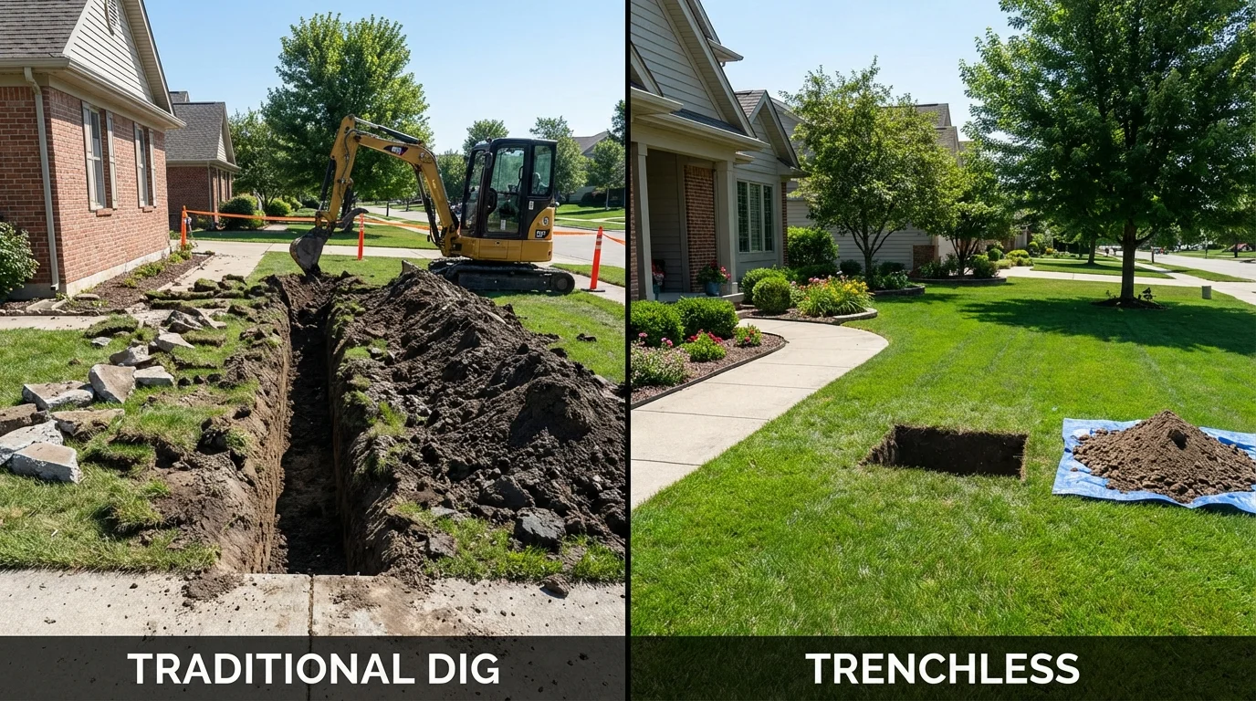 Trenchless sewer repair with minimal yard damage versus traditional excavation in Christopher, IL