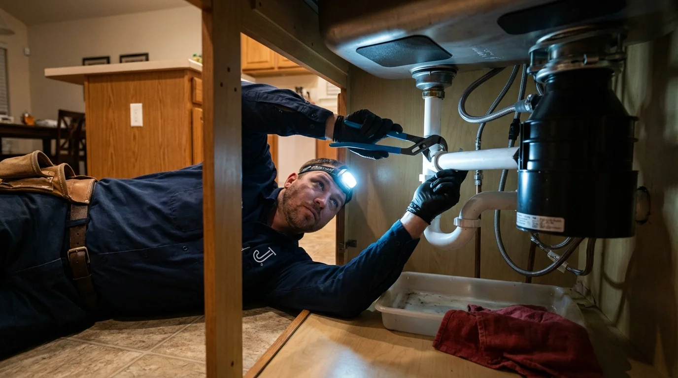 P-trap and supply line connections under a kitchen sink showing a common leak point in Christopher, IL